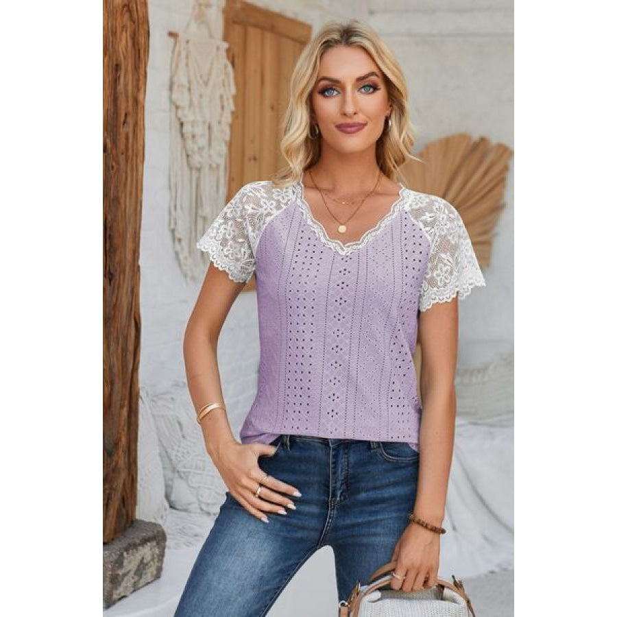 Eyelet V - Neck Lace Short Sleeve T - Shirt Apparel and Accessories