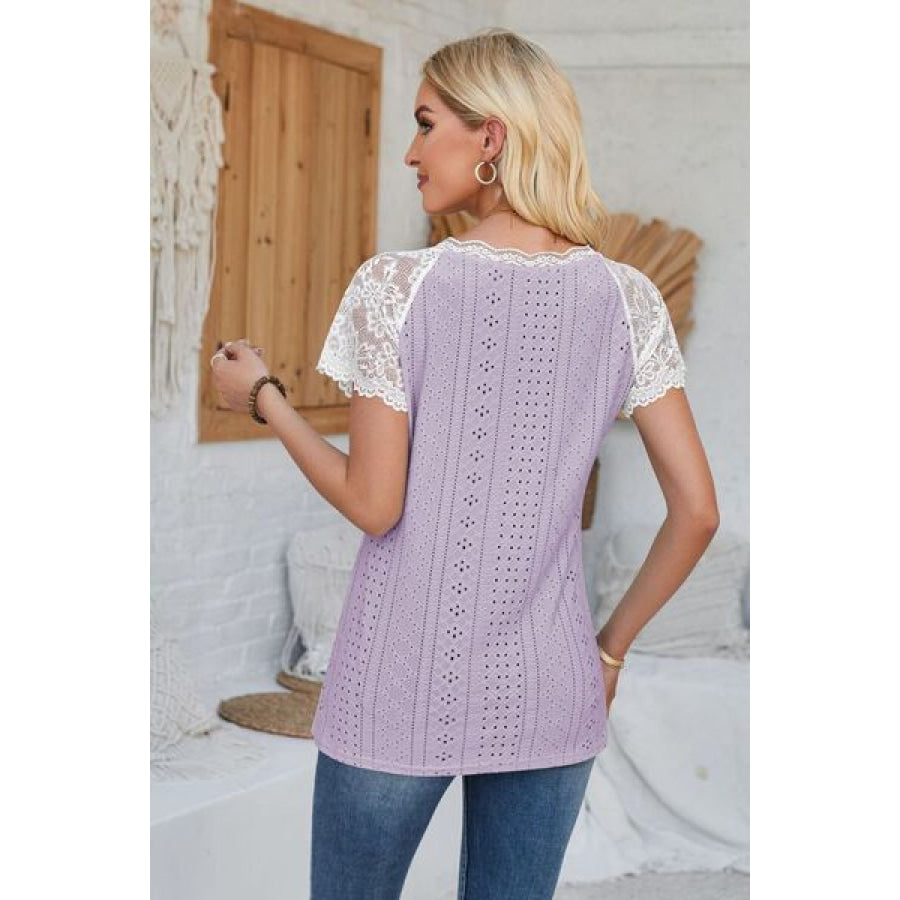 Eyelet V - Neck Lace Short Sleeve T - Shirt Apparel and Accessories