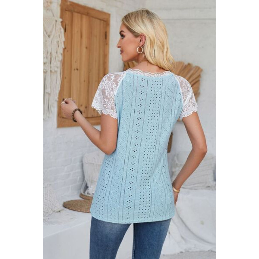 Eyelet V - Neck Lace Short Sleeve T - Shirt Apparel and Accessories