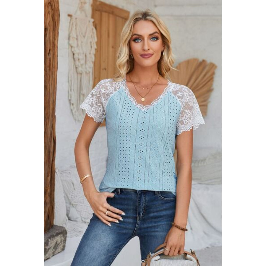 Eyelet V - Neck Lace Short Sleeve T - Shirt Mint Blue / S Apparel and Accessories