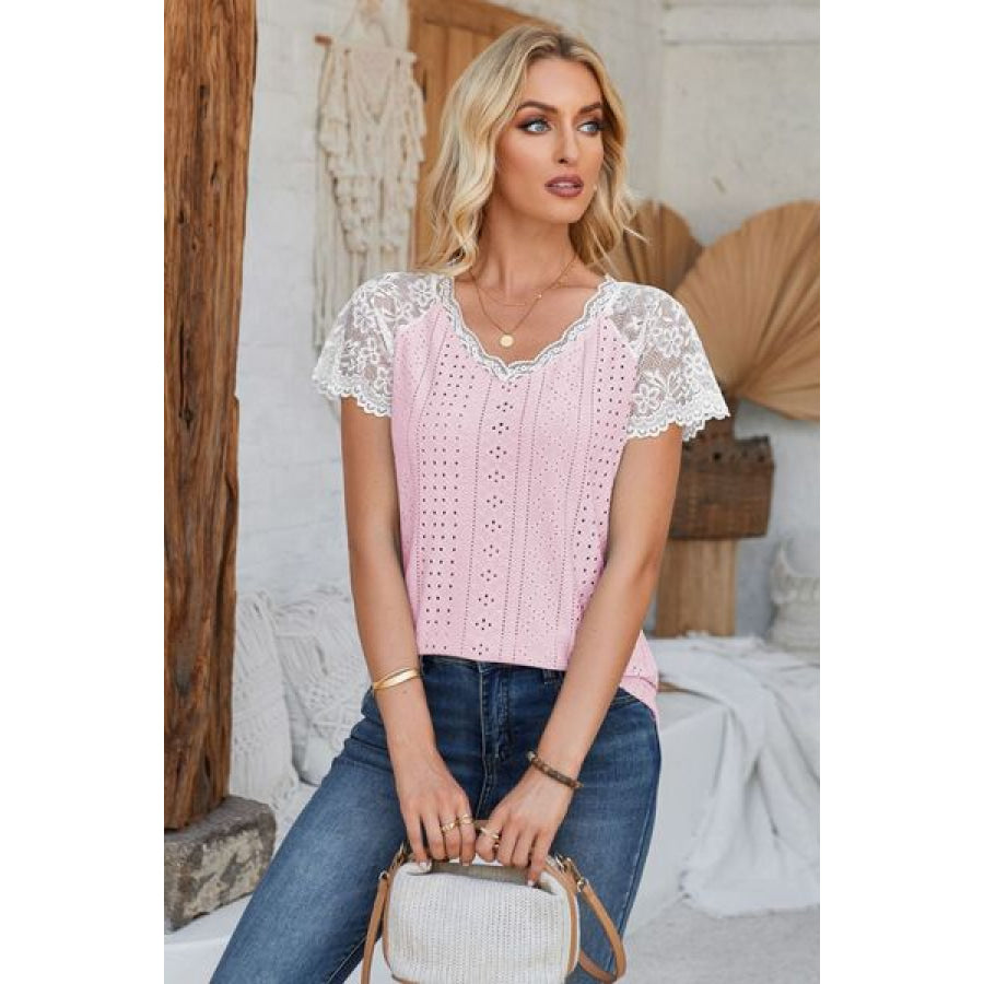 Eyelet V - Neck Lace Short Sleeve T - Shirt Apparel and Accessories