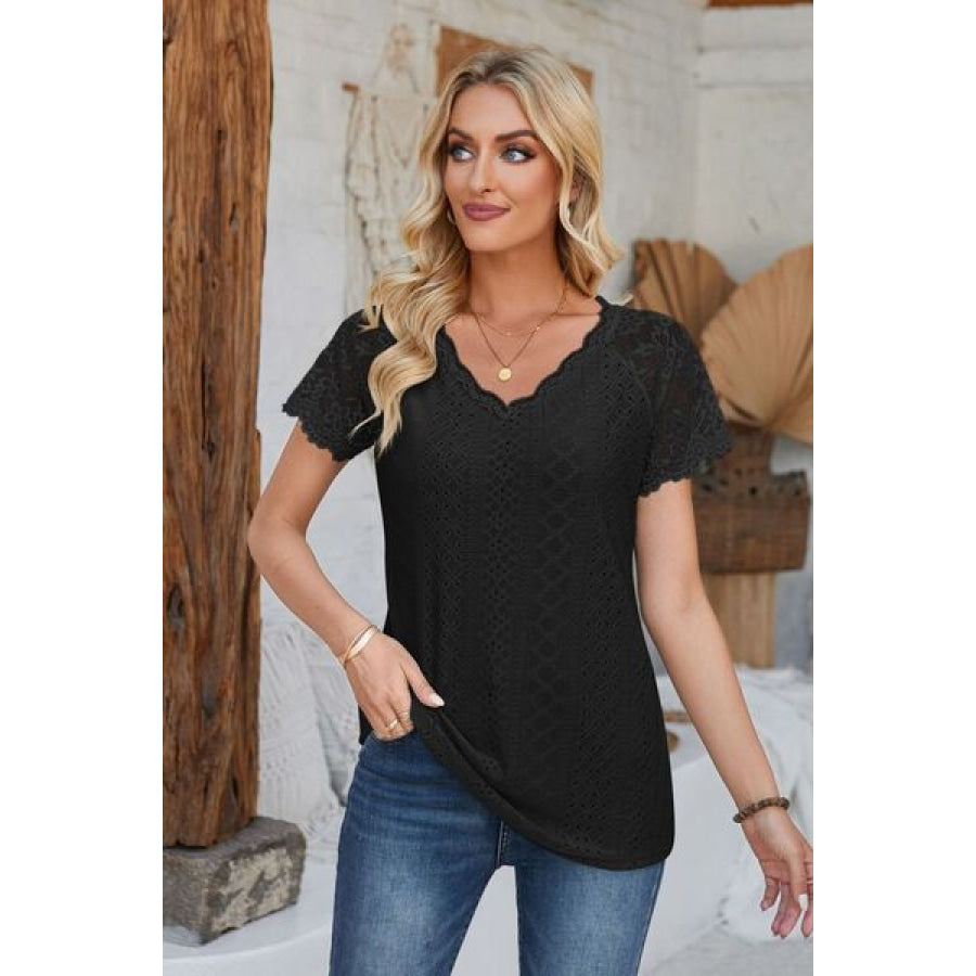 Eyelet V - Neck Lace Short Sleeve T - Shirt Black / S Apparel and Accessories