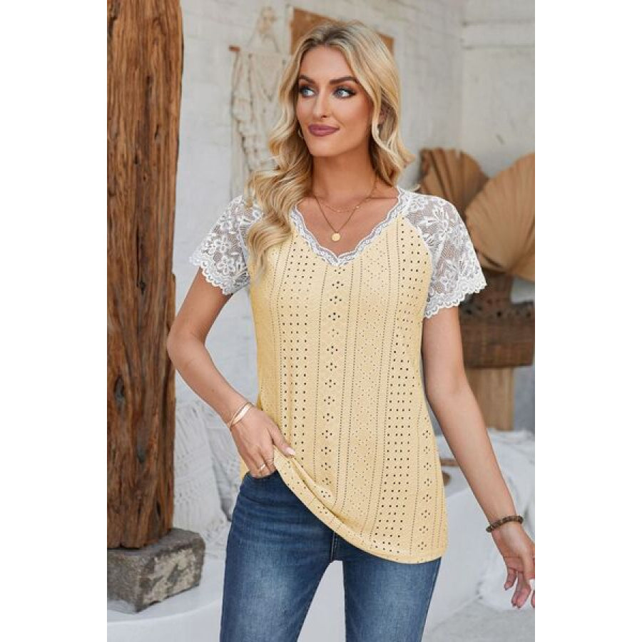Eyelet V - Neck Lace Short Sleeve T - Shirt Butter Yellow / S Apparel and Accessories