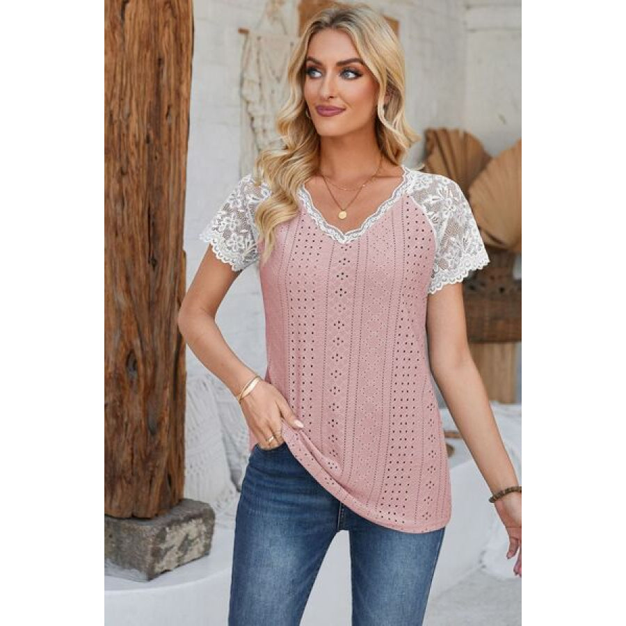 Eyelet V - Neck Lace Short Sleeve T - Shirt Dusty Pink / S Apparel and Accessories