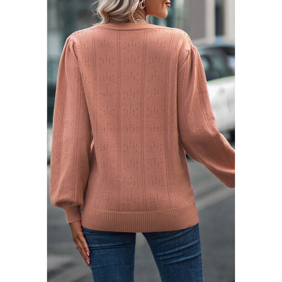Eyelet V-Neck Lantern Sleeve Sweater Apparel and Accessories