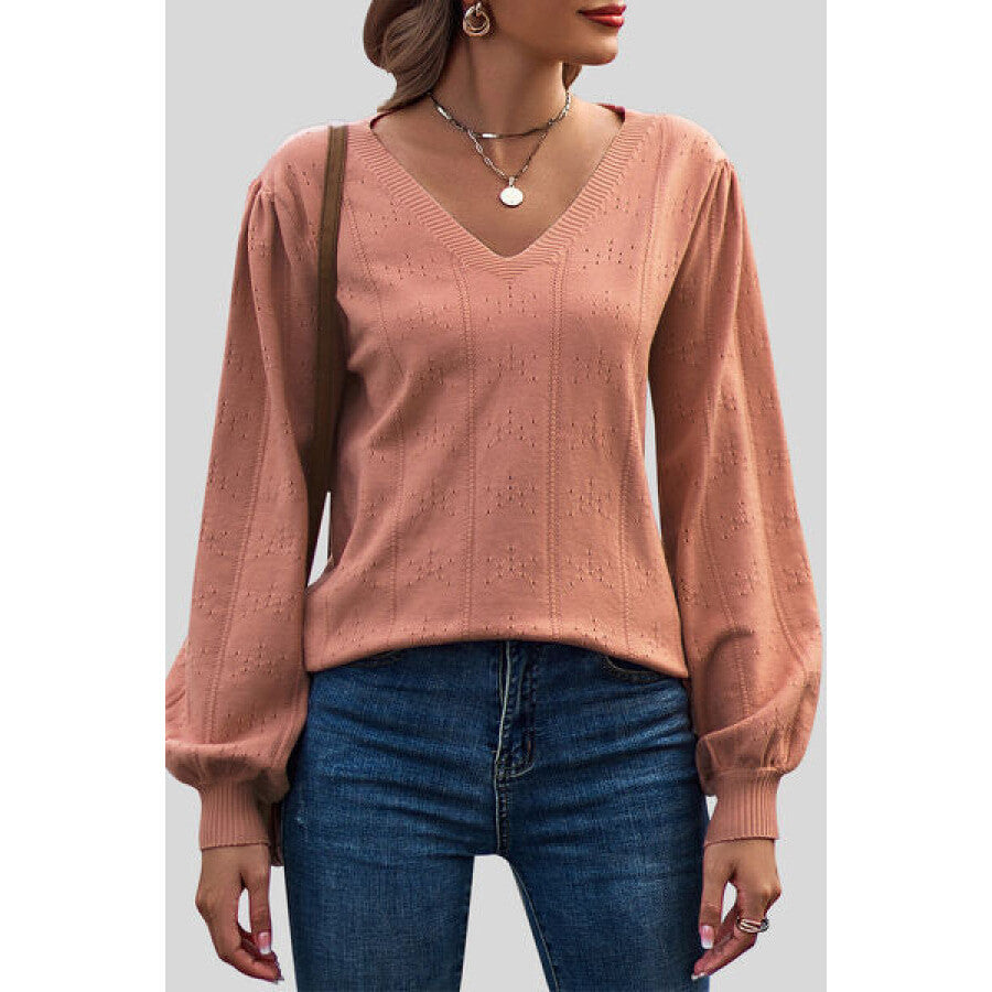 Eyelet V-Neck Lantern Sleeve Sweater Apparel and Accessories