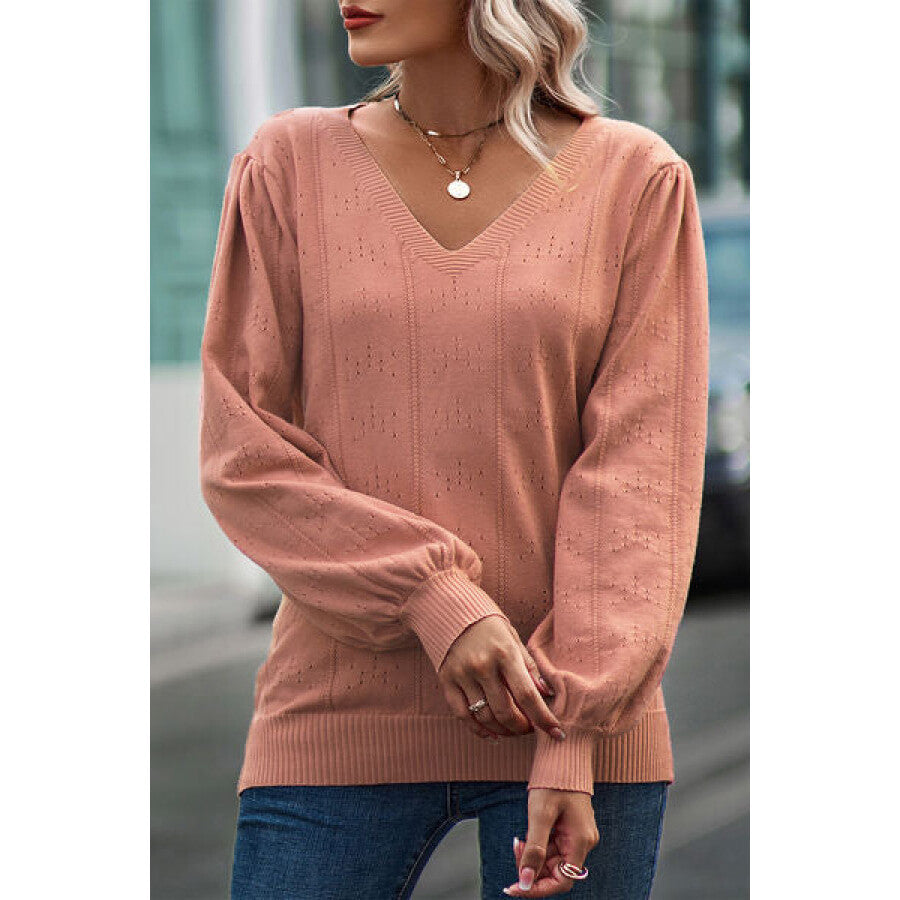 Eyelet V-Neck Lantern Sleeve Sweater Burnt Coral / S Apparel and Accessories