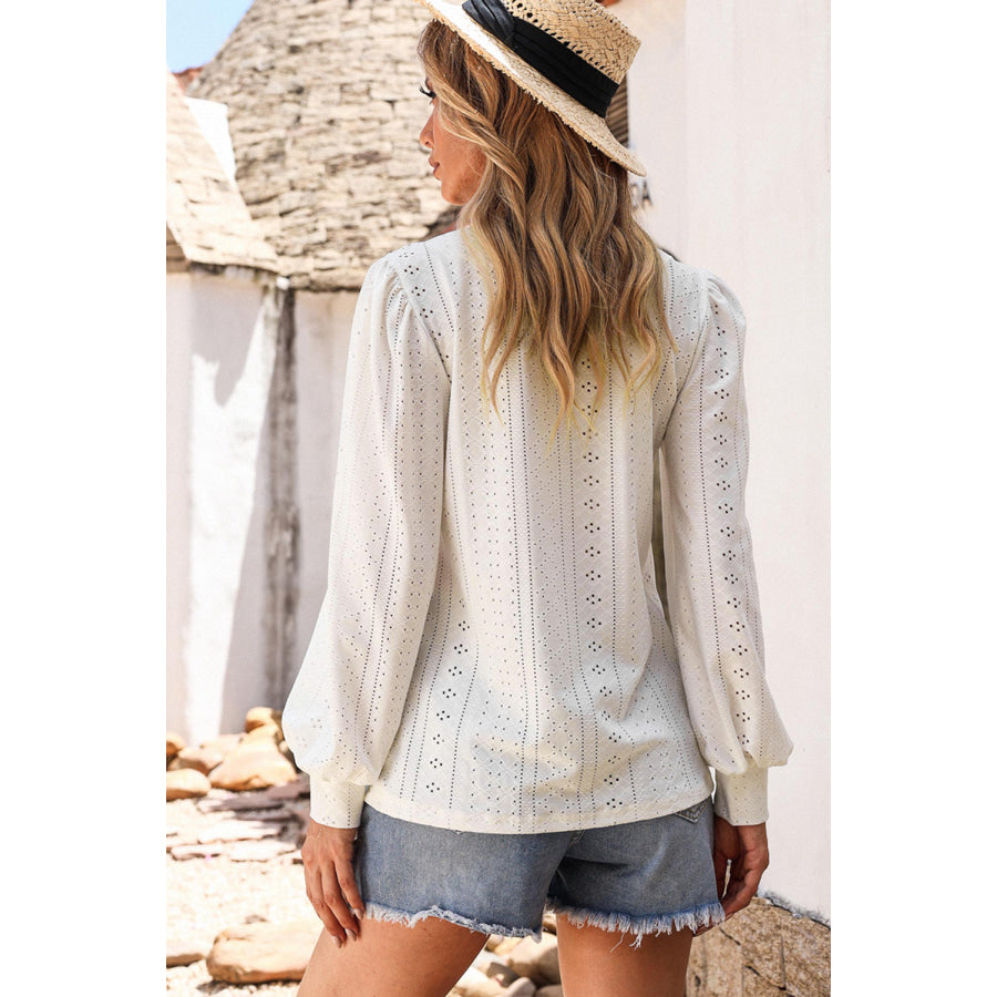 Eyelet V - Neck Long Sleeve Blouse Apparel and Accessories