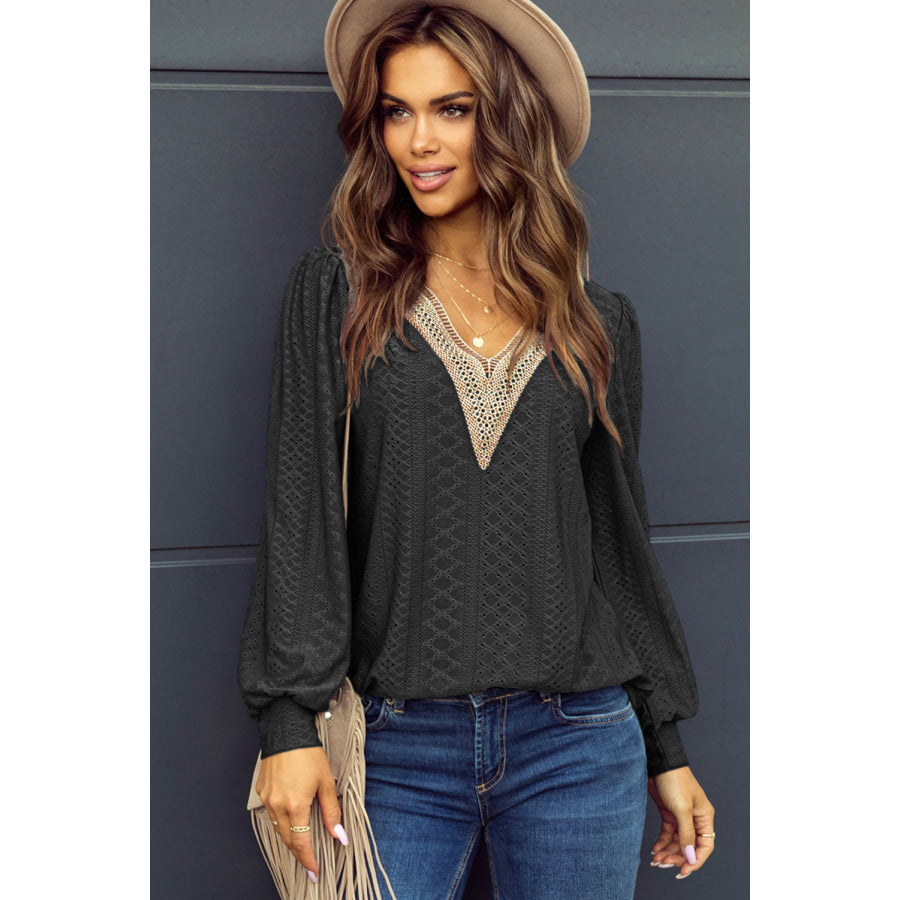 Eyelet V - Neck Long Sleeve Blouse Apparel and Accessories