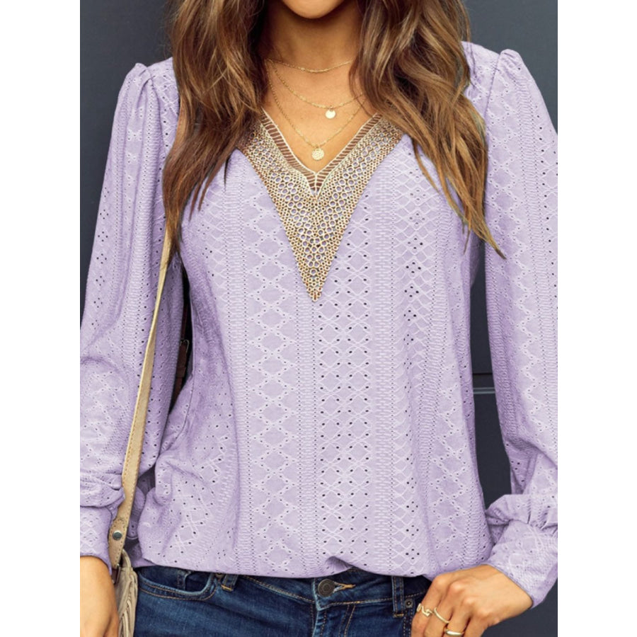 Eyelet V - Neck Long Sleeve Blouse Apparel and Accessories