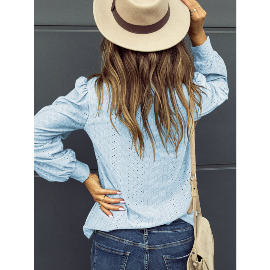 Eyelet V - Neck Long Sleeve Blouse Apparel and Accessories