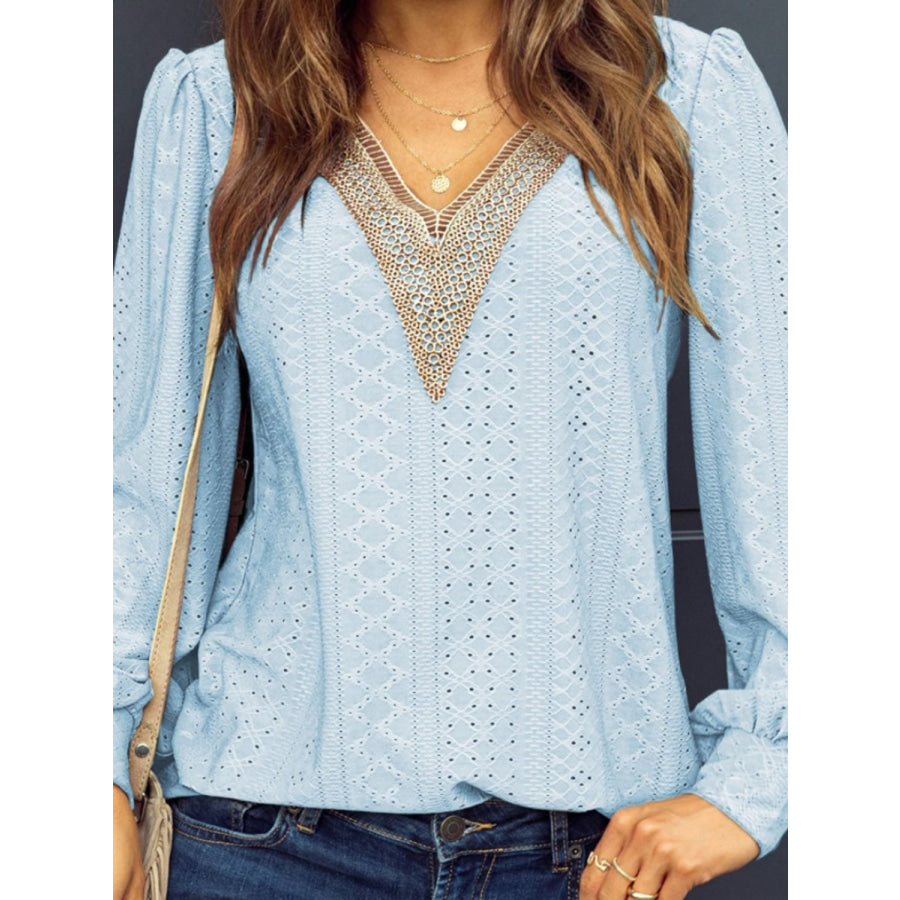 Eyelet V - Neck Long Sleeve Blouse Apparel and Accessories