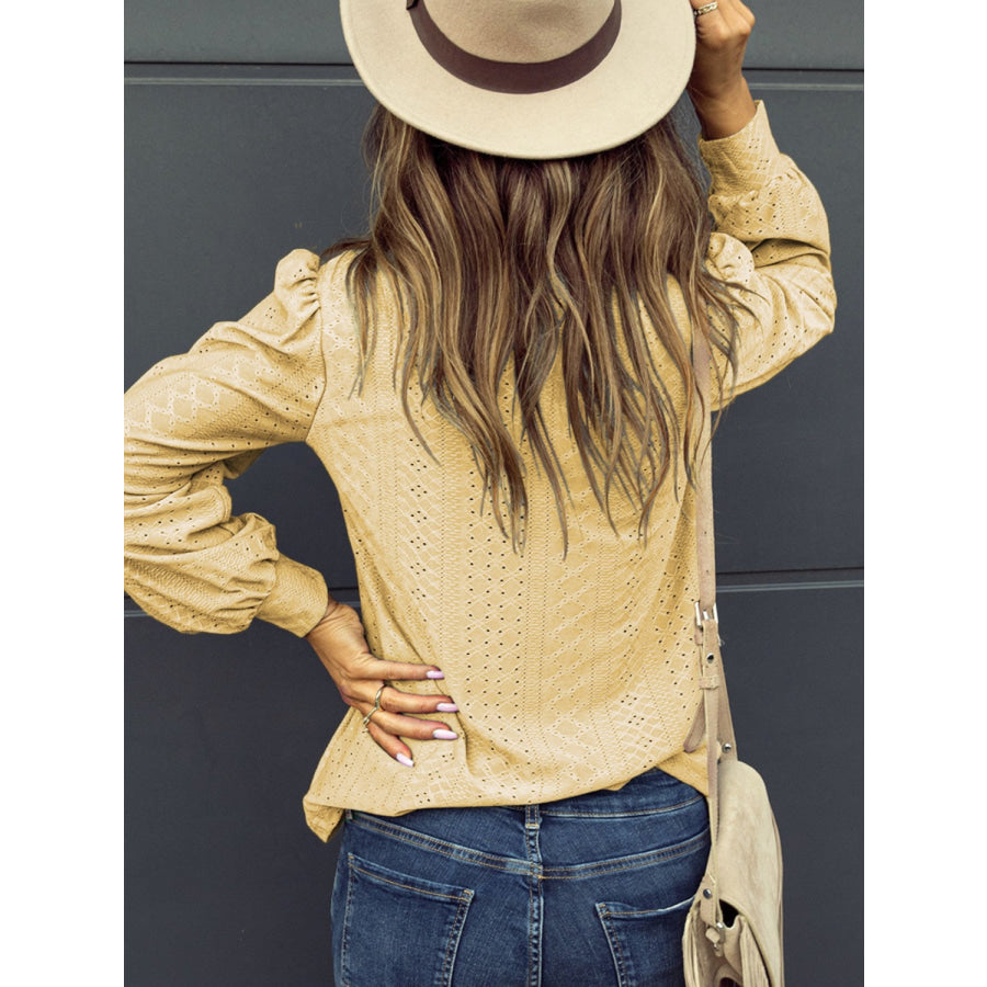 Eyelet V - Neck Long Sleeve Blouse Apparel and Accessories