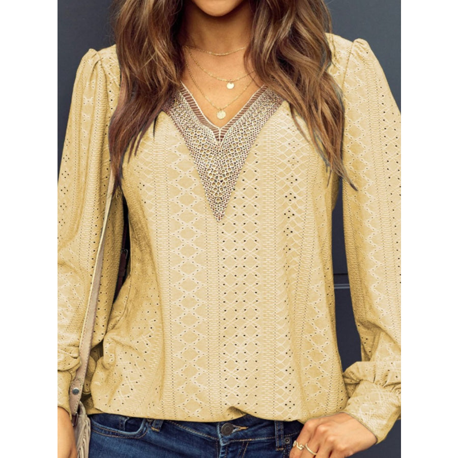 Eyelet V - Neck Long Sleeve Blouse Apparel and Accessories