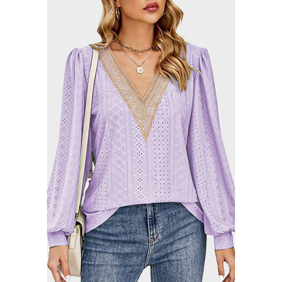 Eyelet V - Neck Long Sleeve Blouse Apparel and Accessories