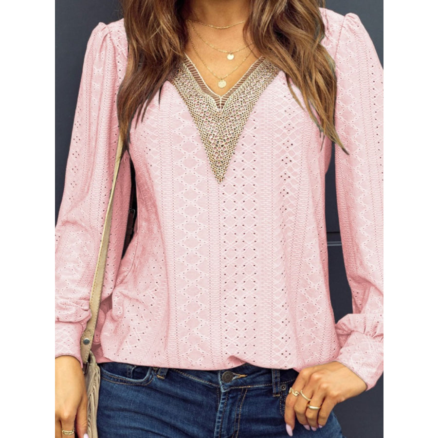 Eyelet V - Neck Long Sleeve Blouse Apparel and Accessories