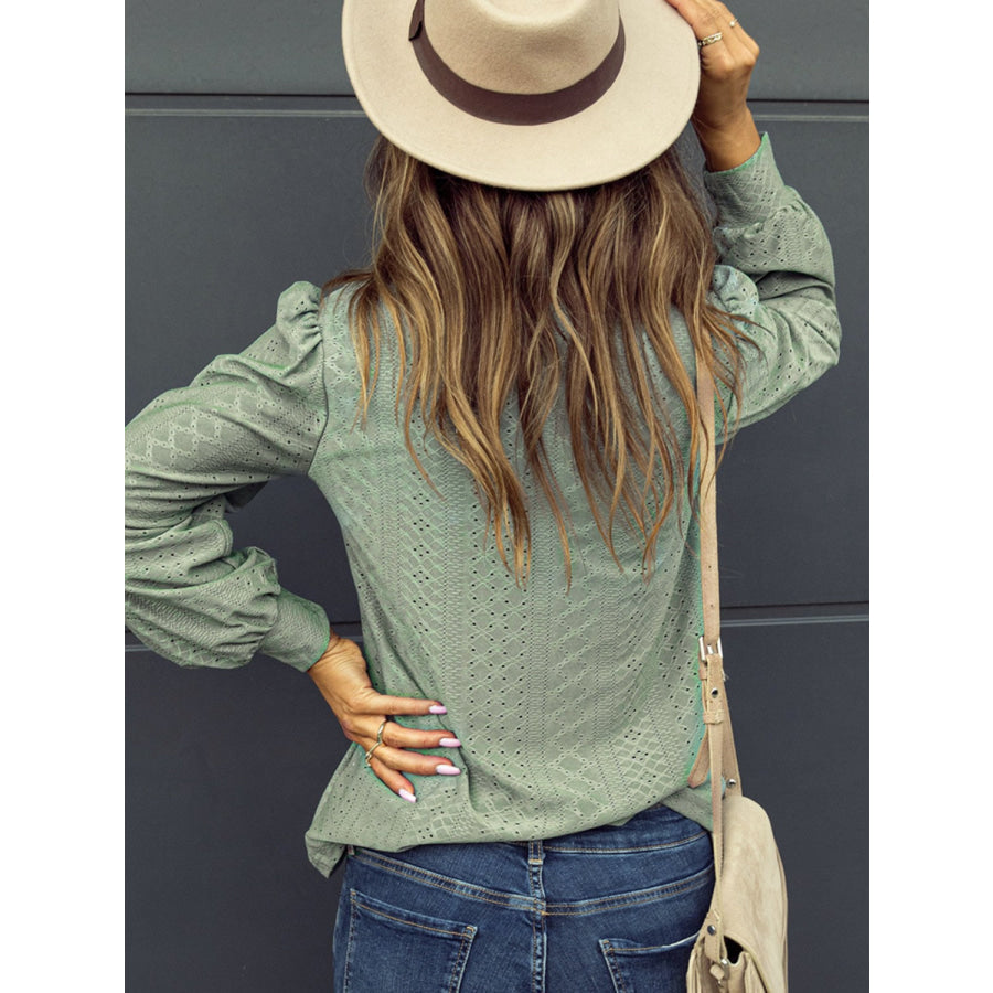 Eyelet V - Neck Long Sleeve Blouse Apparel and Accessories