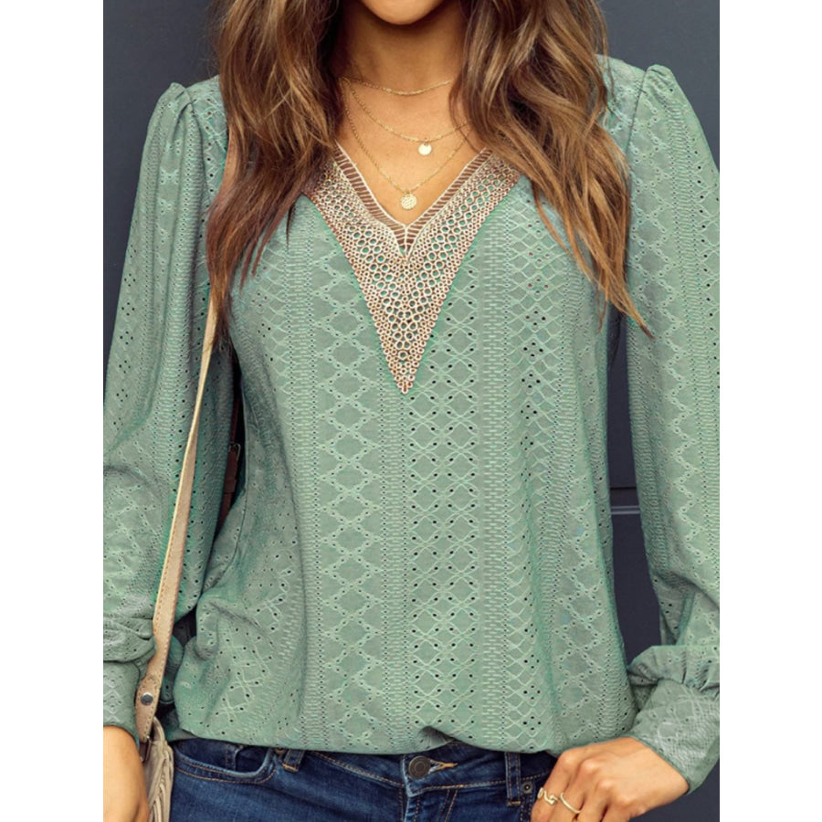 Eyelet V - Neck Long Sleeve Blouse Apparel and Accessories