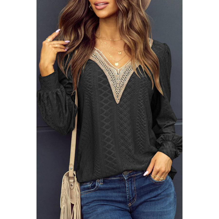 Eyelet V - Neck Long Sleeve Blouse Black / S Apparel and Accessories