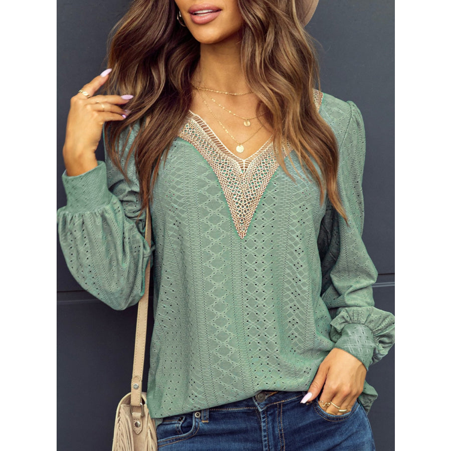 Eyelet V - Neck Long Sleeve Blouse Gum Leaf / S Apparel and Accessories