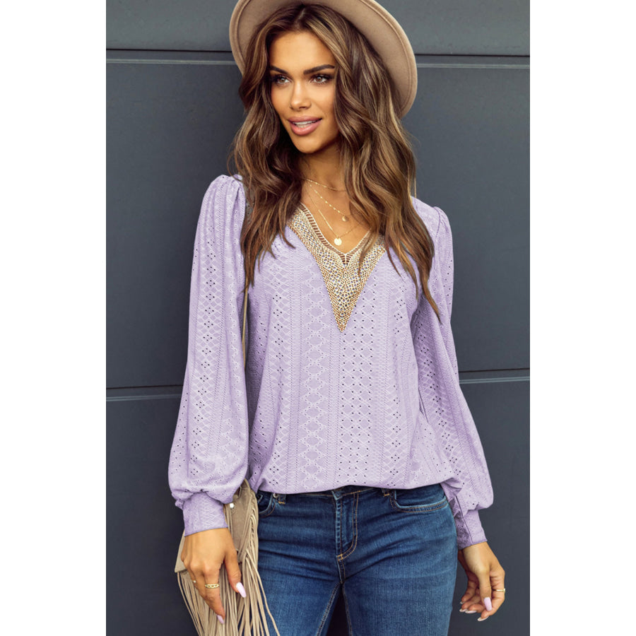 Eyelet V - Neck Long Sleeve Blouse Lavender / S Apparel and Accessories