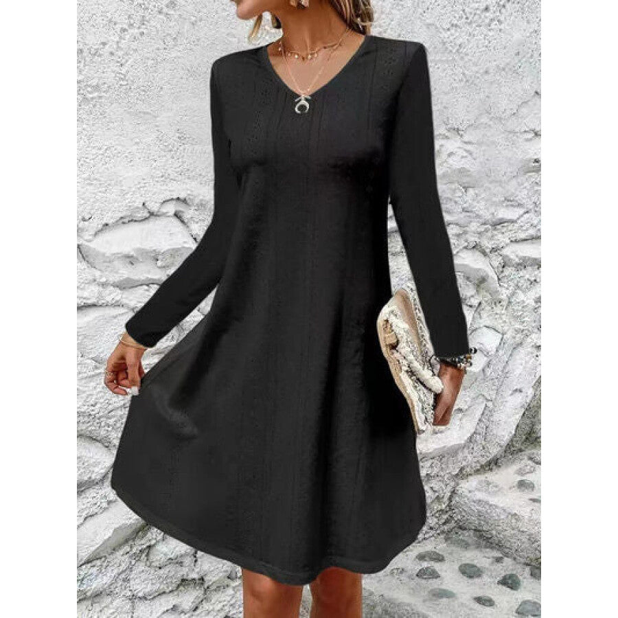 Eyelet V-Neck Long Sleeve Mini Dress Black / S Apparel and Accessories