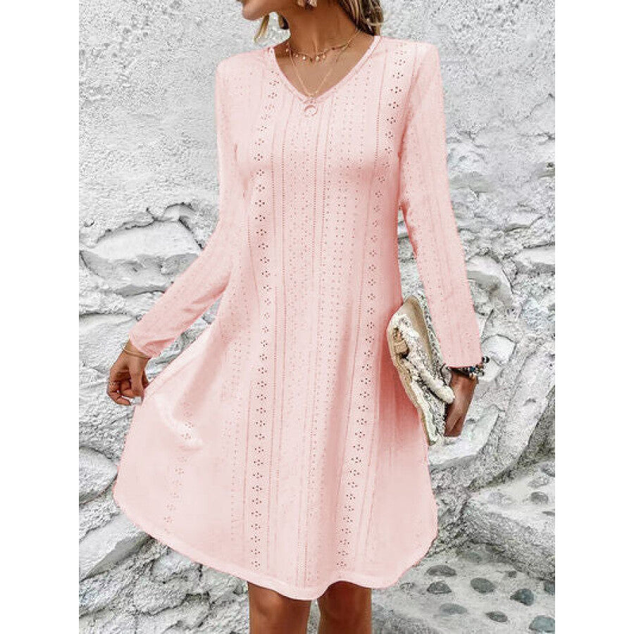 Eyelet V-Neck Long Sleeve Mini Dress Dusty Pink / S Apparel and Accessories