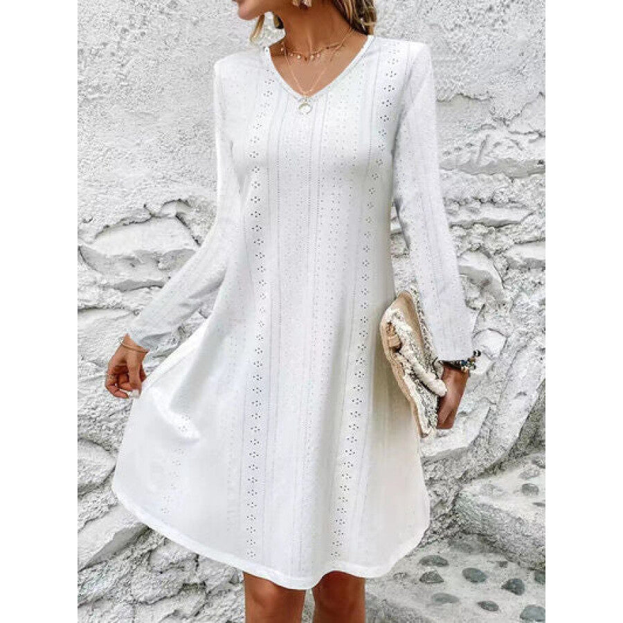 Eyelet V-Neck Long Sleeve Mini Dress White / S Apparel and Accessories