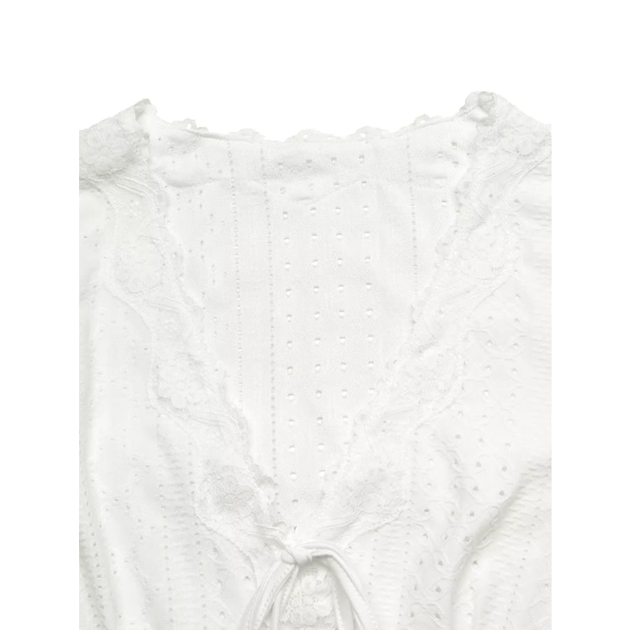 Eyelet V-Neck Long Sleeve T-Shirt Apparel and Accessories