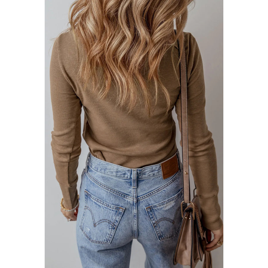 Eyelet V-Neck Long Sleeve Top Coffee Brown / S Apparel and Accessories