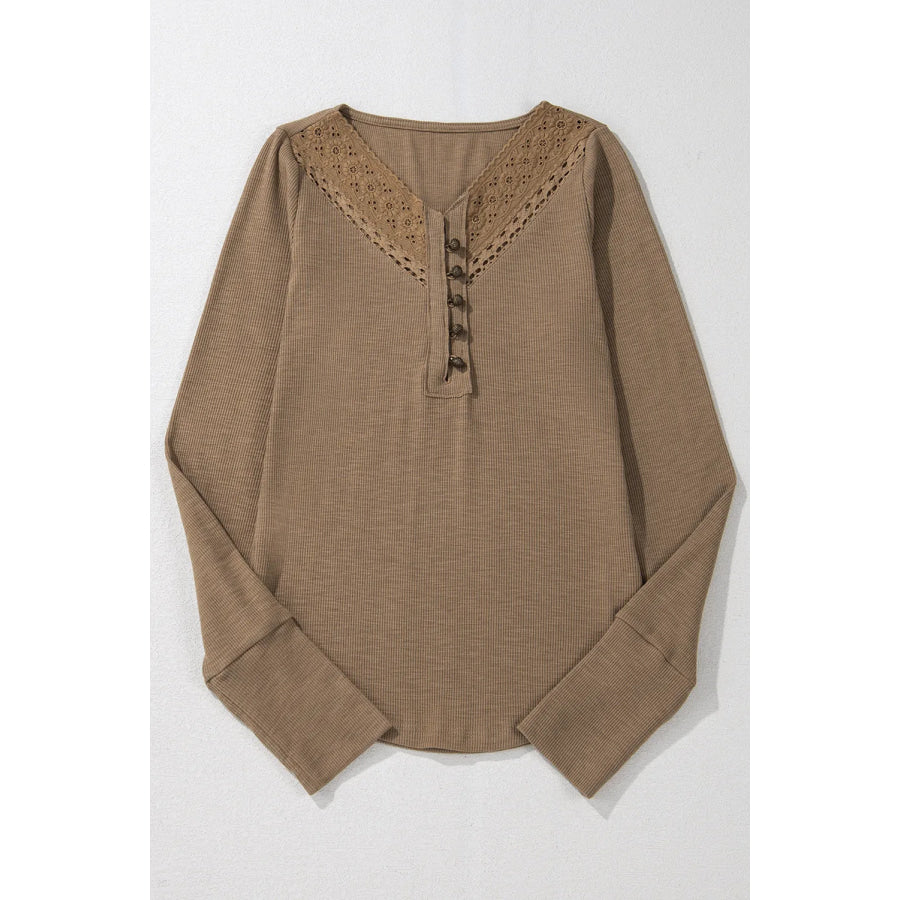 Eyelet V-Neck Long Sleeve Top Apparel and Accessories