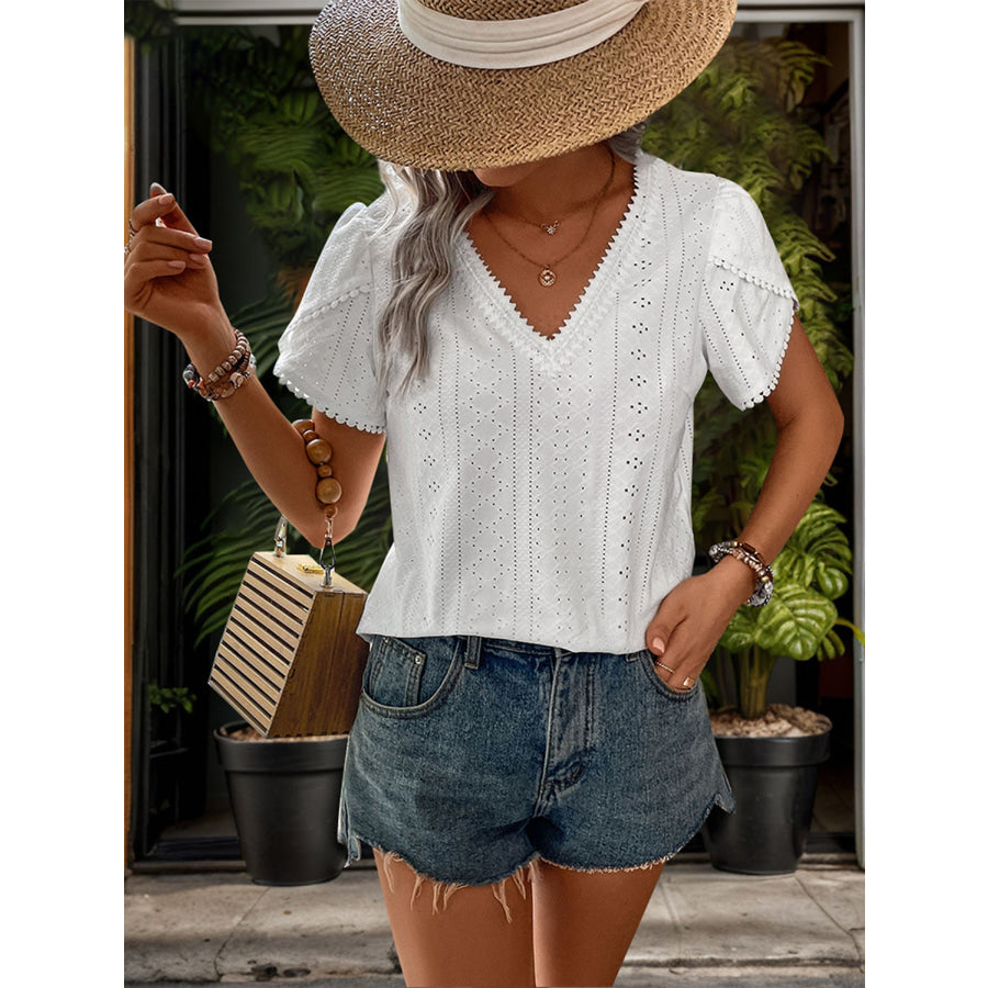 Eyelet V-Neck Petal Sleeve Blouse Apparel and Accessories