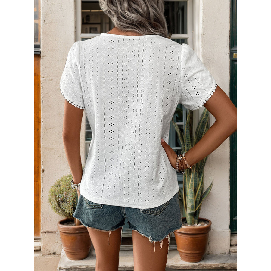 Eyelet V-Neck Petal Sleeve Blouse White / S Apparel and Accessories