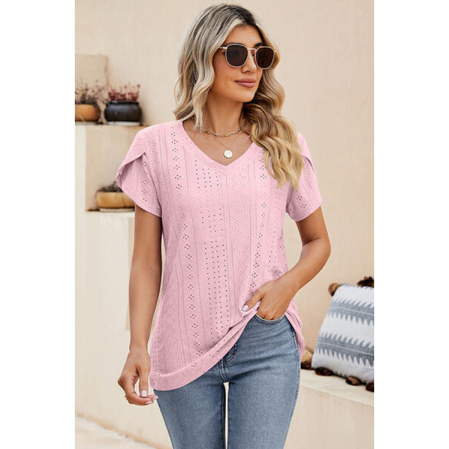 Eyelet V - Neck Petal Sleeve T - Shirt Blush Pink / S Apparel and Accessories