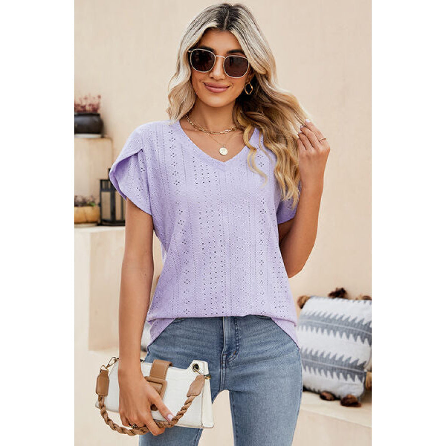 Eyelet V - Neck Petal Sleeve T - Shirt Apparel and Accessories