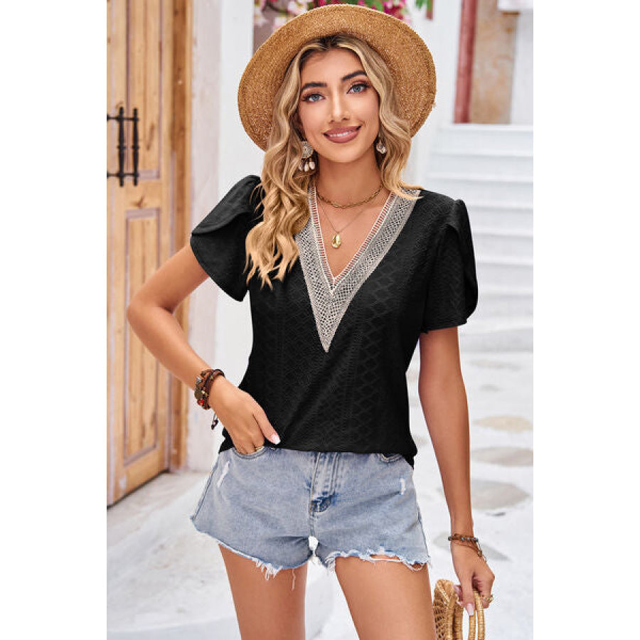 Eyelet V - Neck Petal Sleeve T - Shirt Black / S Apparel and Accessories