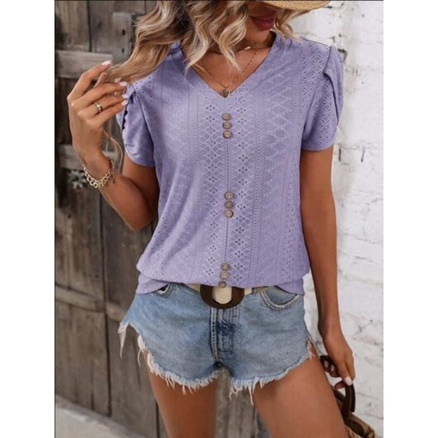 Eyelet V-Neck Petal Sleeve T-Shirt Clothing