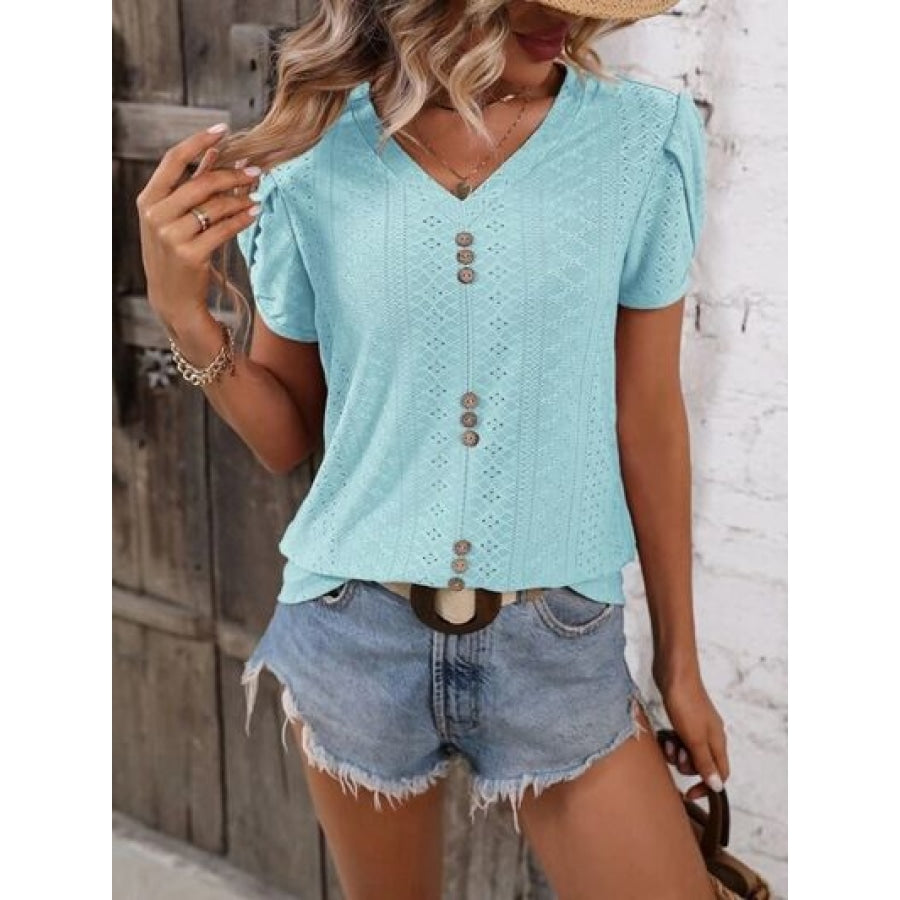 Eyelet V-Neck Petal Sleeve T-Shirt Clothing