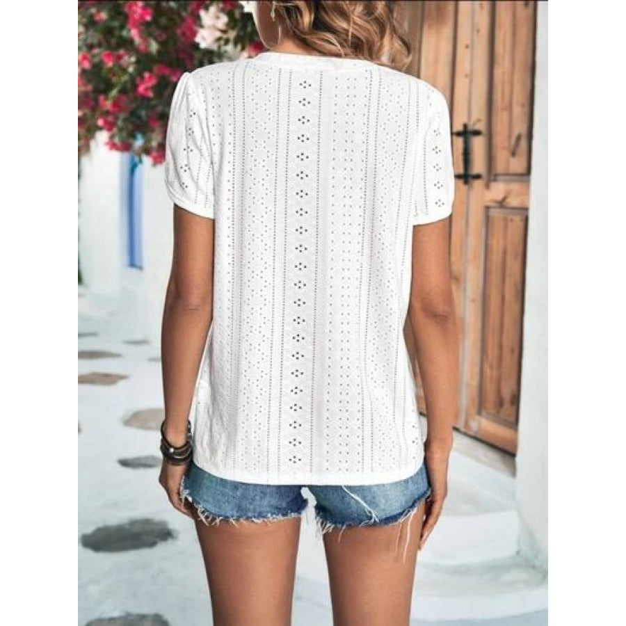 Eyelet V-Neck Petal Sleeve T-Shirt Clothing