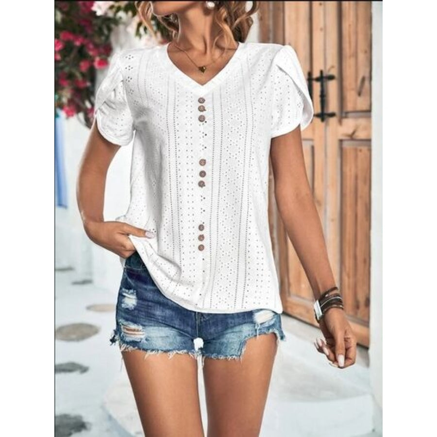 Eyelet V-Neck Petal Sleeve T-Shirt Clothing