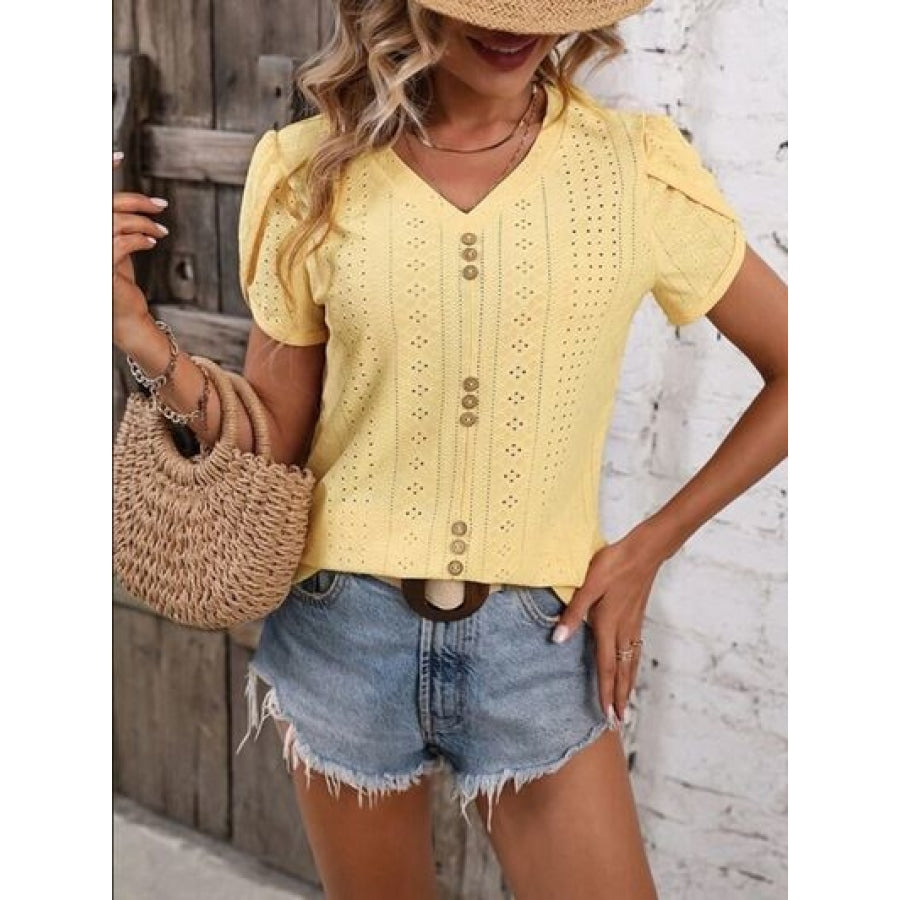 Eyelet V-Neck Petal Sleeve T-Shirt Clothing