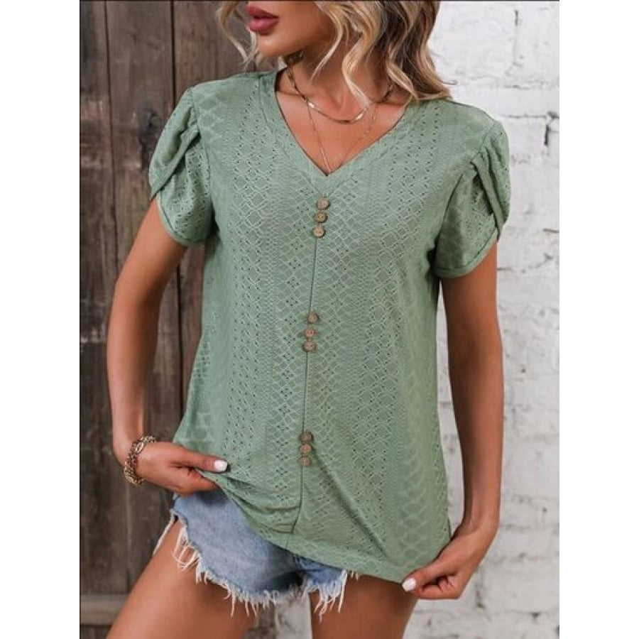 Eyelet V-Neck Petal Sleeve T-Shirt Clothing