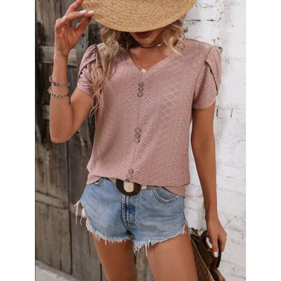 Eyelet V-Neck Petal Sleeve T-Shirt Clothing