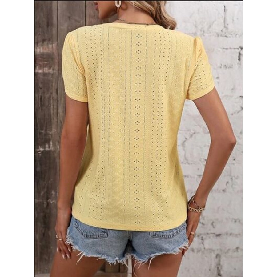 Eyelet V-Neck Petal Sleeve T-Shirt Clothing