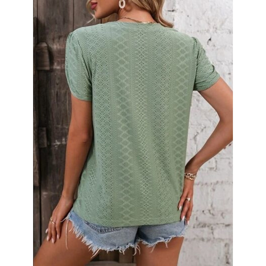 Eyelet V-Neck Petal Sleeve T-Shirt Clothing