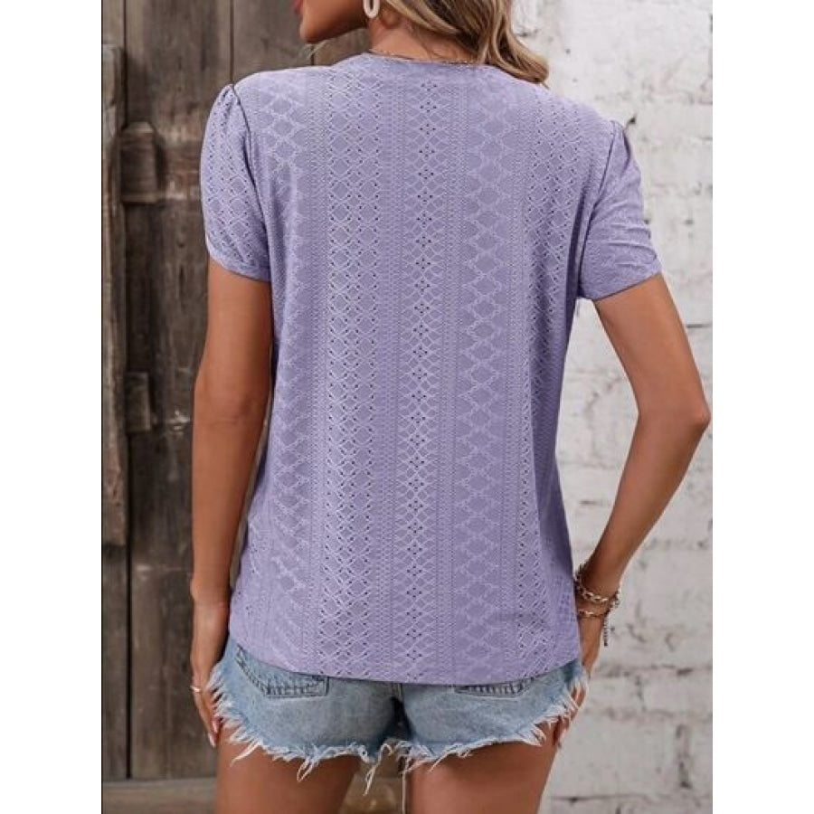 Eyelet V-Neck Petal Sleeve T-Shirt Clothing