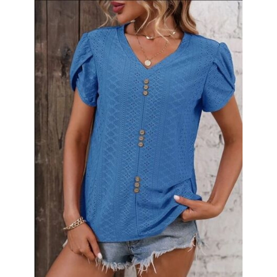 Eyelet V-Neck Petal Sleeve T-Shirt Clothing