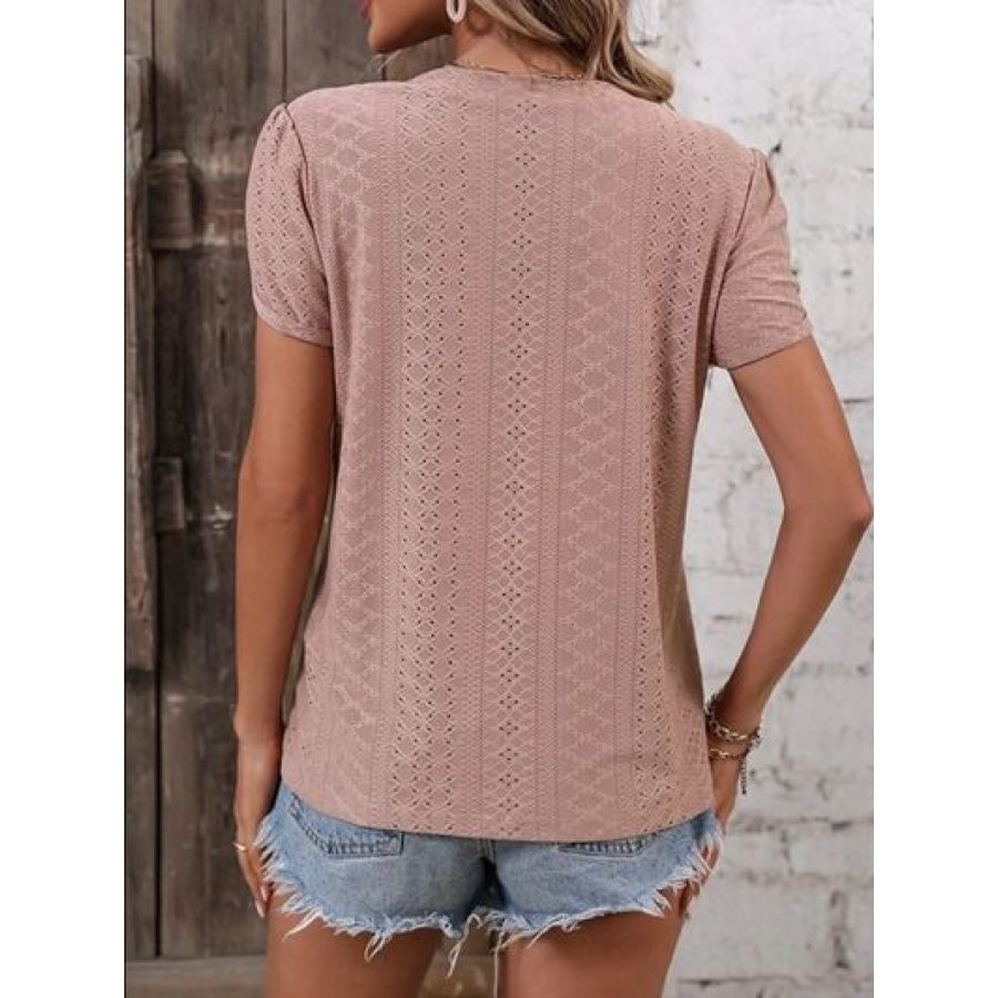 Eyelet V-Neck Petal Sleeve T-Shirt Light Mauve / S Clothing