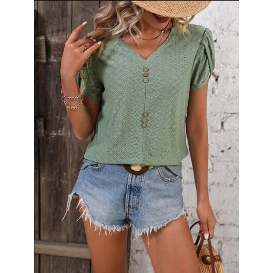 Eyelet V-Neck Petal Sleeve T-Shirt Clothing