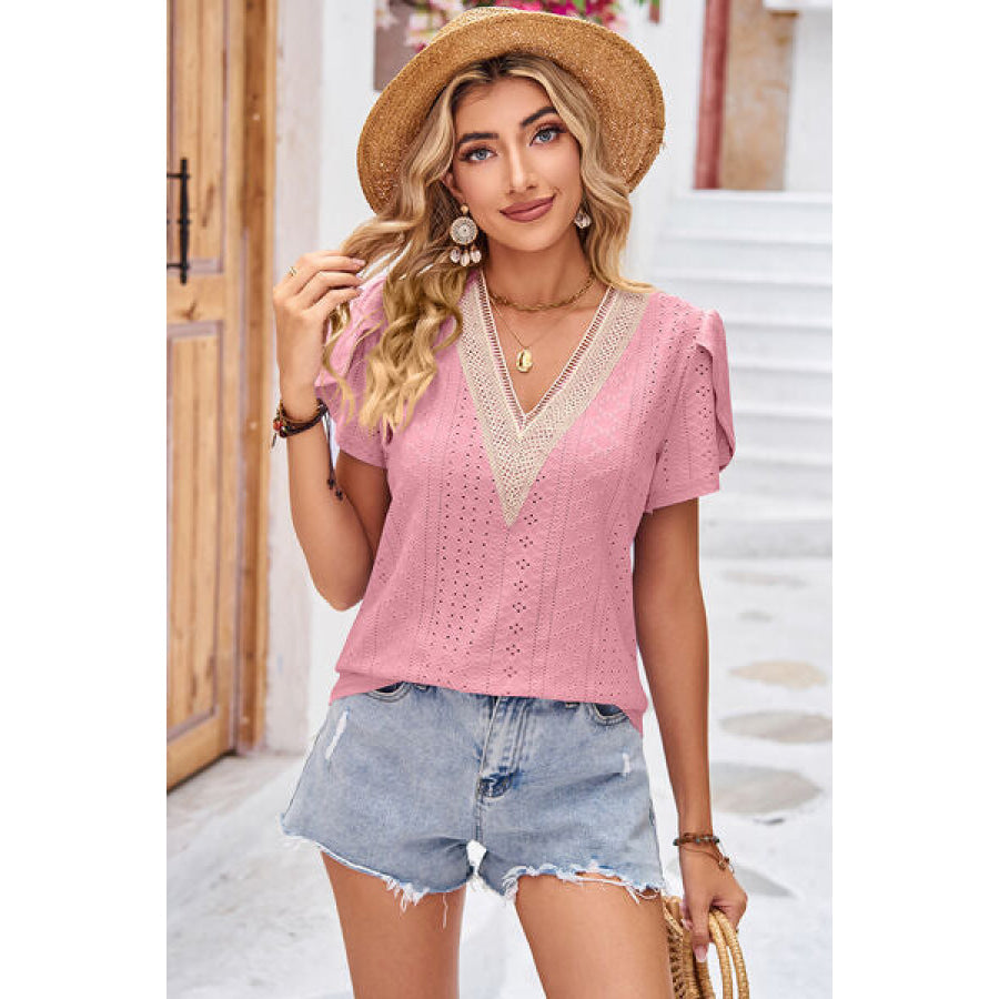 Eyelet V - Neck Petal Sleeve T - Shirt Dusty Pink / S Apparel and Accessories